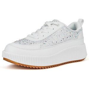 Lucky Step Women White Rhinestone Sparkly Chunky Retro Braided Casual Sneakers
